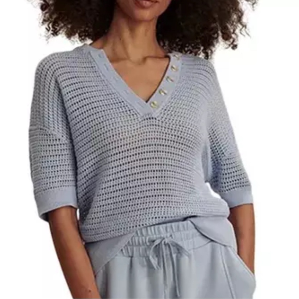 Varley Light Blue V-Neck Knit Sweater with Button Detail